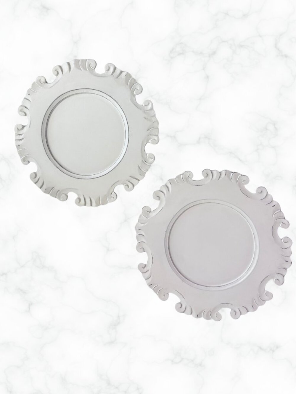 PIER 1 IMPORTS Set of 2 Distressed White Wood Scroll Charger Plates 13" Round